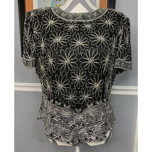 Lovely 1980s VTG LAURENCE KAZAR Women's XL Black Silk Silver Beaded Evening Top